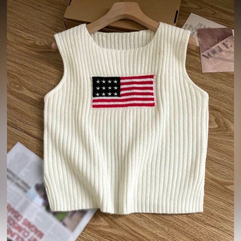 Cream Ribbed Knit Tank with Flag Patch